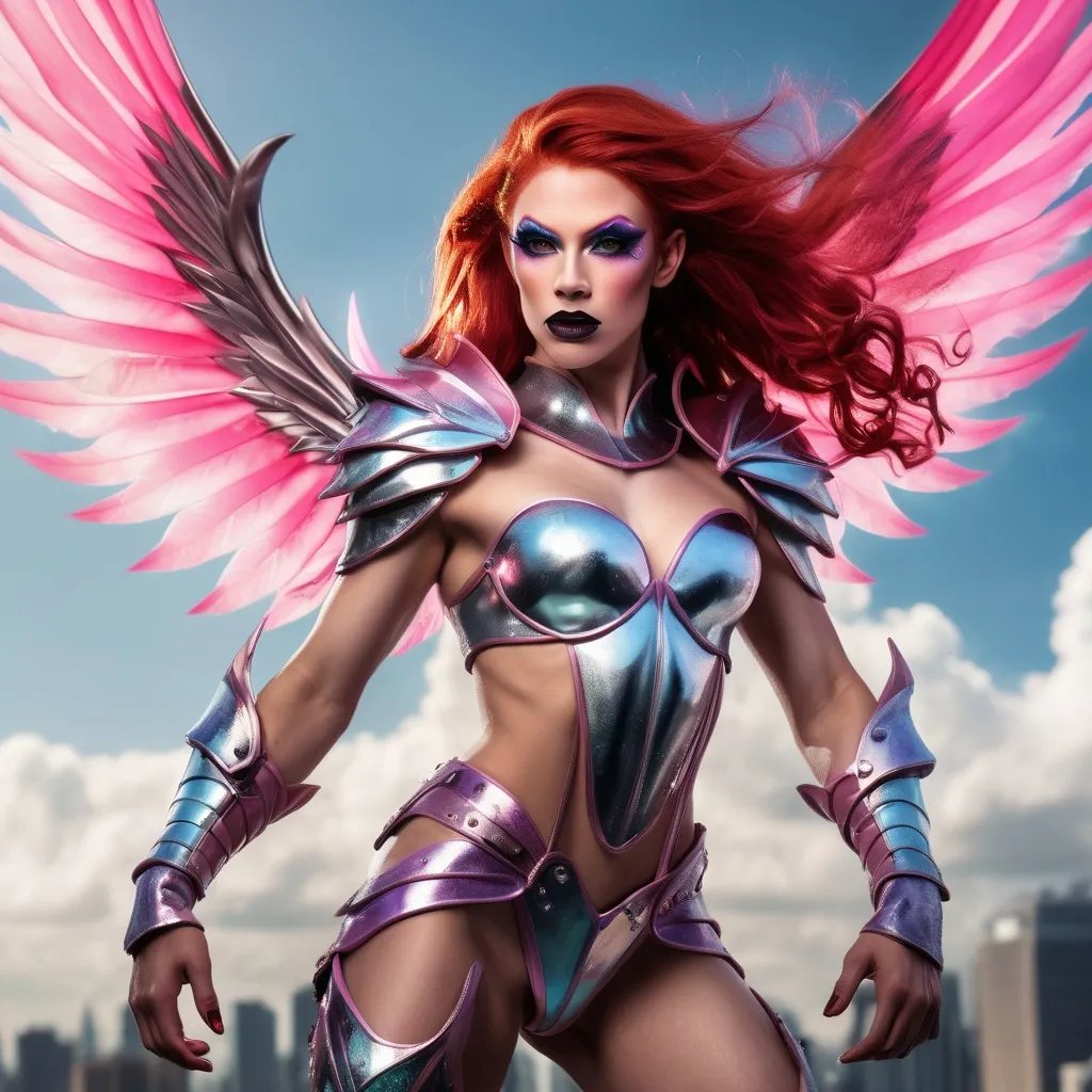 Prompt: A photorealistic image of a Gorgeous ultra-muscular 25-year-old drag queen Sky Elf fighter, a lithe and agile warrior with flowing bright red hair and iridescent pink wings, dark eye makeup and dark lipstick, in mid-battle amidst the floating islands of their sky city. The Sky Elf fighter, clad in sleek, shimmering armor that catches the light, wields dual blades with unmatched speed and precision. Their movements are a blur as they attack with the swiftness of the wind, the blades cutting through the air with ease. The scene captures the dynamic motion of combat, with the fighter executing a swift aerial maneuver, their wings catching a gust of wind that propels them forward. In the background, the floating city with its grand, airy architecture is partially shrouded in mist, giving a sense of otherworldly elevation. Art styles: photorealism, action, fantasy. Lighting: natural daylight, dynamic shadows. Camera: wide-angle action shot. Resolution: 8k, ultra-detailed.