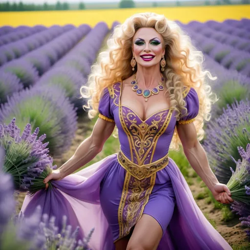 Prompt: Generate gorgeous muscular 35-year-old Ukrainian drag queen bodybuilder with big busom, long blonde curly hair and green eyes, she is dressed in traditional Ukrainian dress and 6 inch stiletto heels, she is running thru the lavanda field, her arms are up to the sun , she is smile and her face is shine with positive mood and talking phone