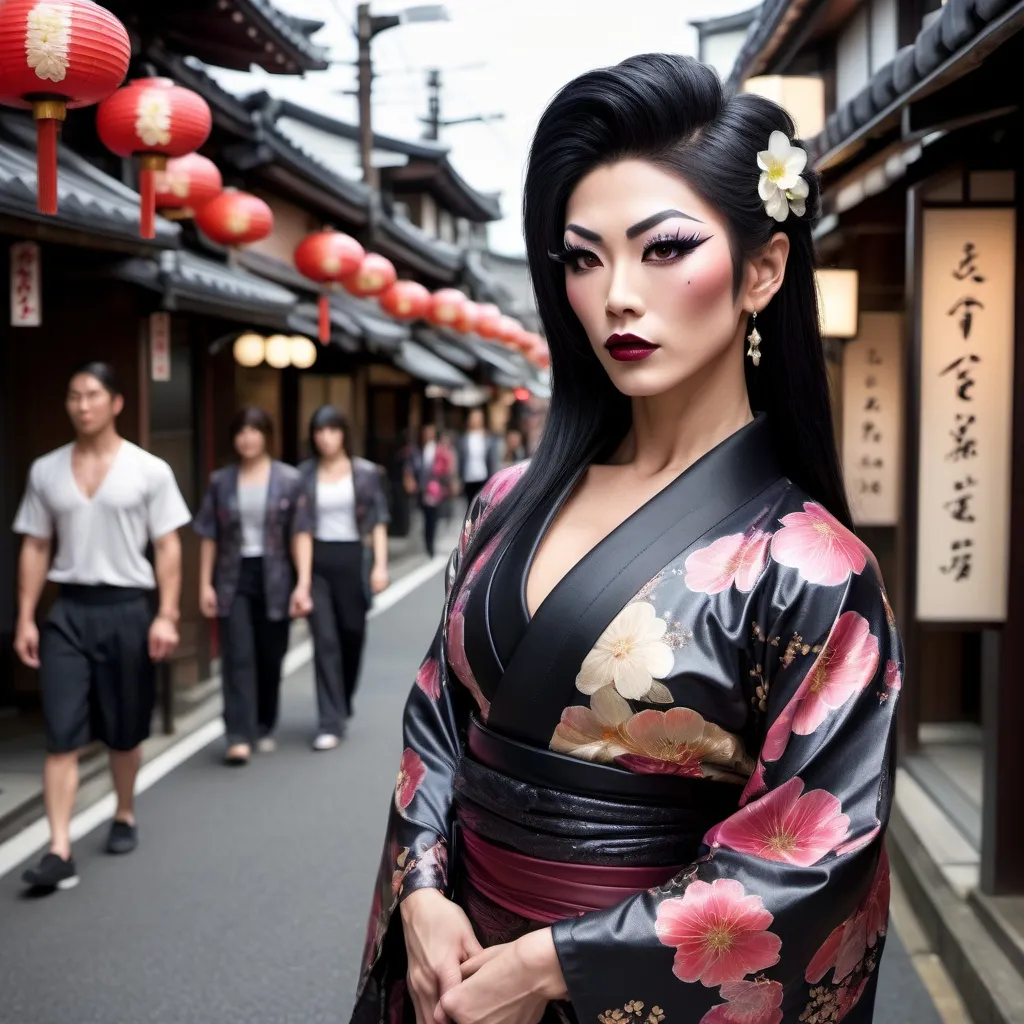 Prompt: Gorgeous muscular 25-year-old Japanese drag queen bodybuilder (masculine jawline and brow features) with dark eyeshadow, dark lipstick, and huge busom walking down the high street, detailed clothing, realistic, natural lighting, photorealistic, Japanese flower design on her kimono. Black hair in traditional Japanese style. 