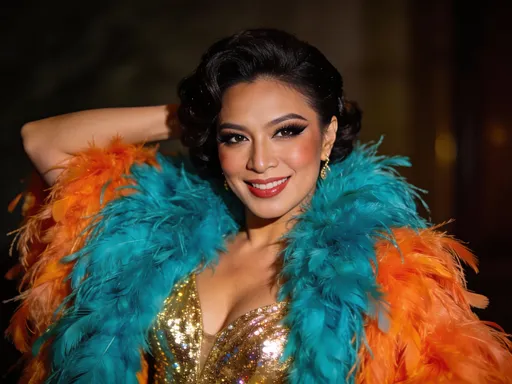 Prompt: Striking in a glamorously styled pose, the 35-year-old Filipino drag queen showcases a radiant expression with pronounced makeup that highlights bold, dramatic eyes and perfectly sculpted cheekbones. Draped in ostentatious feather boas—one a vibrant turquoise and the other a warm orange—the attire reflects an extravagant flair, accentuated by the shimmering detail of the gold, sequined dress underneath. The soft, moody background enhances the overall elegance, creating a sophisticated atmosphere that draws the viewer's attention. With a classic hairstyle adding to the retro glamour, the scene captures a confident celebration of beauty and style, evoking a sense of high fashion and artistry.. 