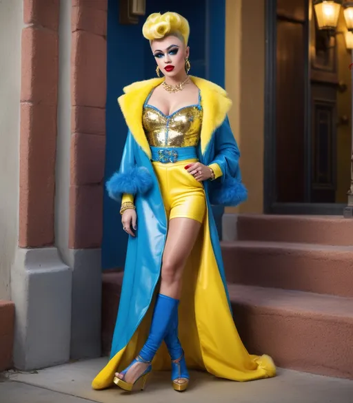 Prompt: High-quality detailed digital photograph of James Dean dressed as a 27-year-old Russian drag queen in a cute yellow & blue outfit and wearing cute 8 inch stiletto high heel shoes, long straight loose silver & gold ponytail, wearing a cute cross-body handbag, vibrant and colorful, adorable expression, soft lighting, detailed eyes, professional, 4k, ultra-detailed, cute outfit, long straight high ponytail, platform high heel boots, cute cross-body handbag, adorable expression, soft lighting