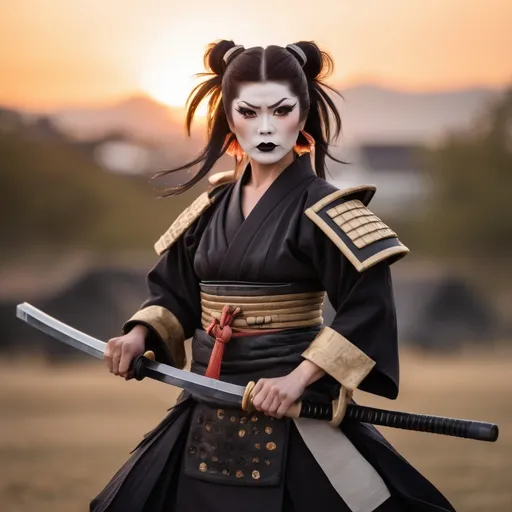Prompt: A gorgeous muscular 35-year-old Japanese drag queen Samurai (dark eye makeup, dark lipstick, big busom, and dark black hair) wearing a traditional ancient Samurai Yorkie and holding a katana in each hand in a battle stance. 13th century Japan at sunset.