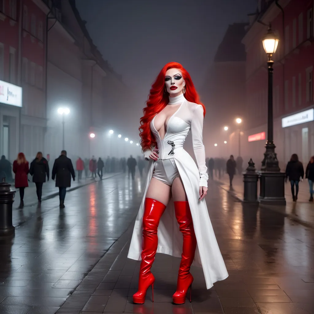 Prompt: Mysterious, Tall, gorgeous, muscular, 25-year-old Polish drag queen with long bright red stylish hair, dark eyeshadow,  and dark red lipstick, wearing a beautiful white outfit and 8 inch stiletto red thigh-high stiletto high heel boots, walking the streets of Warsaw on a foggy evening.