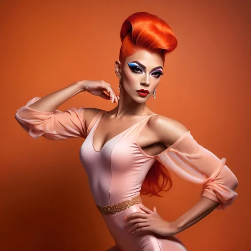 Prompt: (a strong and determined gorgeous drag queen (long updo dark orange hair, strong masculine jawline and brow)), ballet pose, focused expression, vibrant background, bright and uplifting colors, warm and optimistic atmosphere, stylish yet modest clothing (long muscular legs), representing hard work and perseverance, soft lighting enhancing emotions, conveying love, high-quality, ultra-detailed, heartwarming scene.