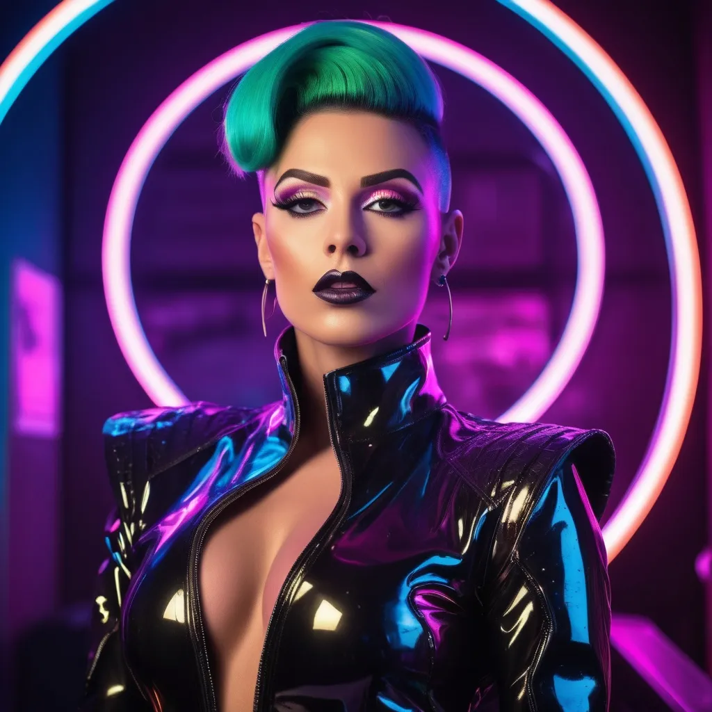 Prompt: A beautiful muscular 25-year-old British drag queen (strong masculine jawline and brow features) in a dynamic pose in a retro futuristic synthwave cyberpunk neon paradise.  neon lighting, synthwave, cyber, retro, futuristic