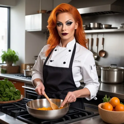 Prompt: The portrait should capture a confident gorgeous muscular 25-year-old Norwegian drag queen chef, standing in a stylish, modern kitchen. She’s wearing a crisp white chef's jacket with neatly rolled sleeves, and an apron tied around her waist. Her face has a warm, friendly expression, with eyes that show both passion and focus. Her short, dark orange hair is well-groomed. She has on dark eyeshadow and dark red lipstick.

In one hand, she’s holding a wooden spoon, stirring a pot on the stove, and in the other, she’s holding a small plate with artfully arranged food. The kitchen behind she is sleek, with stainless steel counters, pots hanging on the walls, and fresh ingredients like herbs and vegetables neatly arranged. The colors are vibrant yet natural, giving a sense of liveliness and freshness, with subtle hints of warm sunlight streaming in through a nearby window.

Overall, the mood is a blend of professional mastery and down-to-earth charm, conveying a chef who loves her craft and connects with her food and environment.