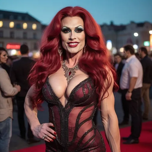 Prompt: A gorgeous ultra-muscular 35-year-old Czechian drag queen bodybuiler with huge busom and extremely long wavy dark red hair wearing a very detailed Valentino Dress and 8 inch stiletto high heel shoes at a movie premiere at night.