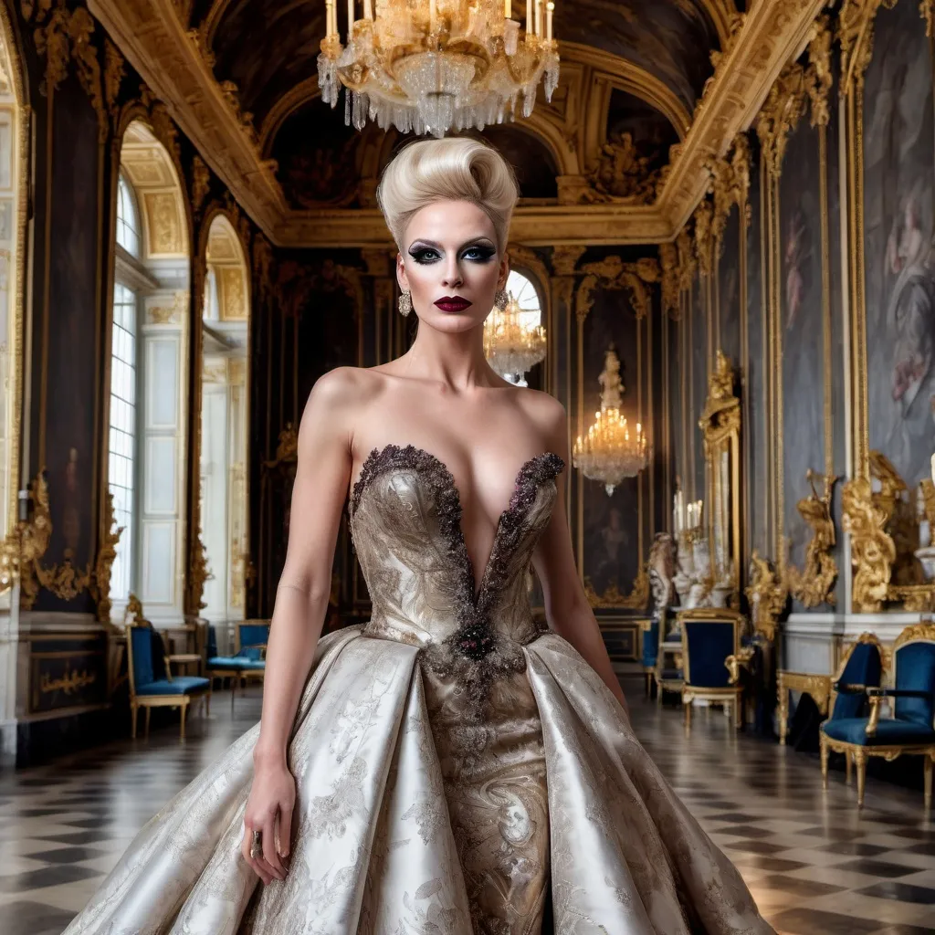 Prompt: Design a modern glamorous wedding dress worn by a real life gorgeous German drag queen ((strong masculine jawline and brow features)) model dress to be daring and glamorous and elegant, dark eye makeup, dark lipstick.  Posing in the Palace of Versailles.