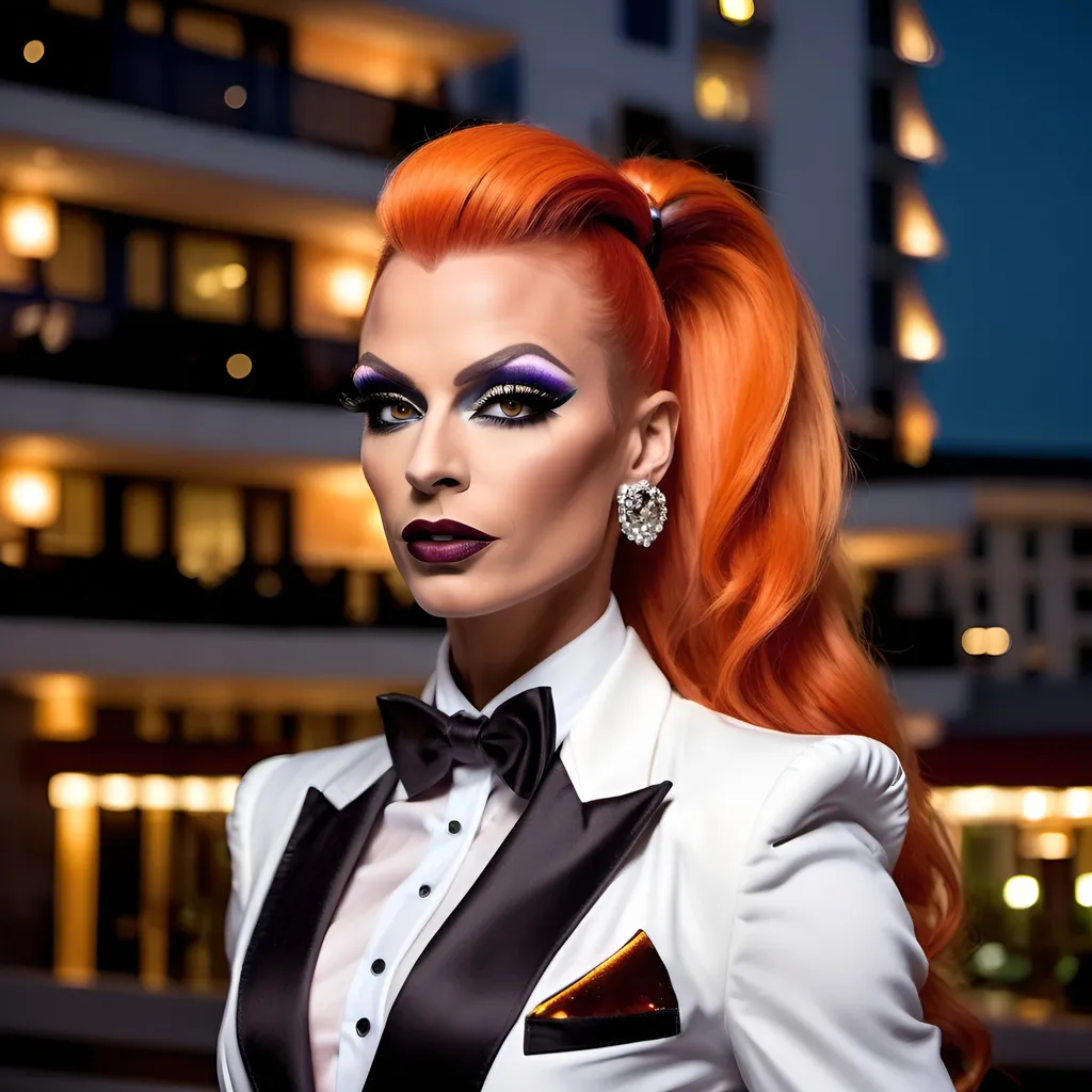 Prompt: A gorgeous muscular 35-year-old Polish drag queen bodybuilder with very long high tigh dark orange ponytail, dark eyeshadow,  and dark lipstick, wearing a multi-colored and white tuxedo with ruffles and eight inch multi-colored platform high heel shoes. Posing in front of a fancy hotel at night.