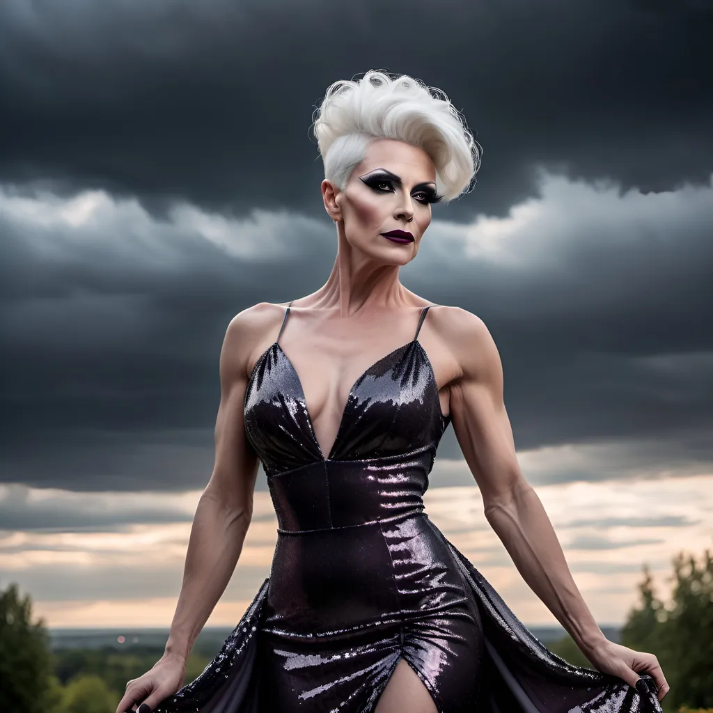 Prompt: Gorgeous muscular 45-year-old Czechian drag queen with short white tight updo hair, dark eyeshadow and dark lipstick, long flowing sequined gown, romantic outdoor setting, dramatic sky, An ultra-realistic photograph captured with a Sony α7 III camera, equipped with an 85mm lens at F 1.2 aperture setting,  The image, shot in high resolution and a 16:9 aspect ratio, captures the subject’s natural beauty and personality with stunning realism –ar 16:9 –v 5.2 –style raw