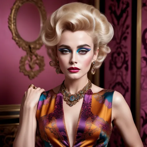 Prompt: ( James Dean dressed in drag wearing an Etro dress), fashion elegance, (stylish pose), intricate patterns, vibrant colors, (high fashion), soft focus, warm lighting with a glamorous touch, showcasing elegant accessories, luxurious fabric detail, upscale ambience, beautifully styled hair, (ultra-detailed), captivating expression, fashion-forward aesthetic, luxurious background elements.