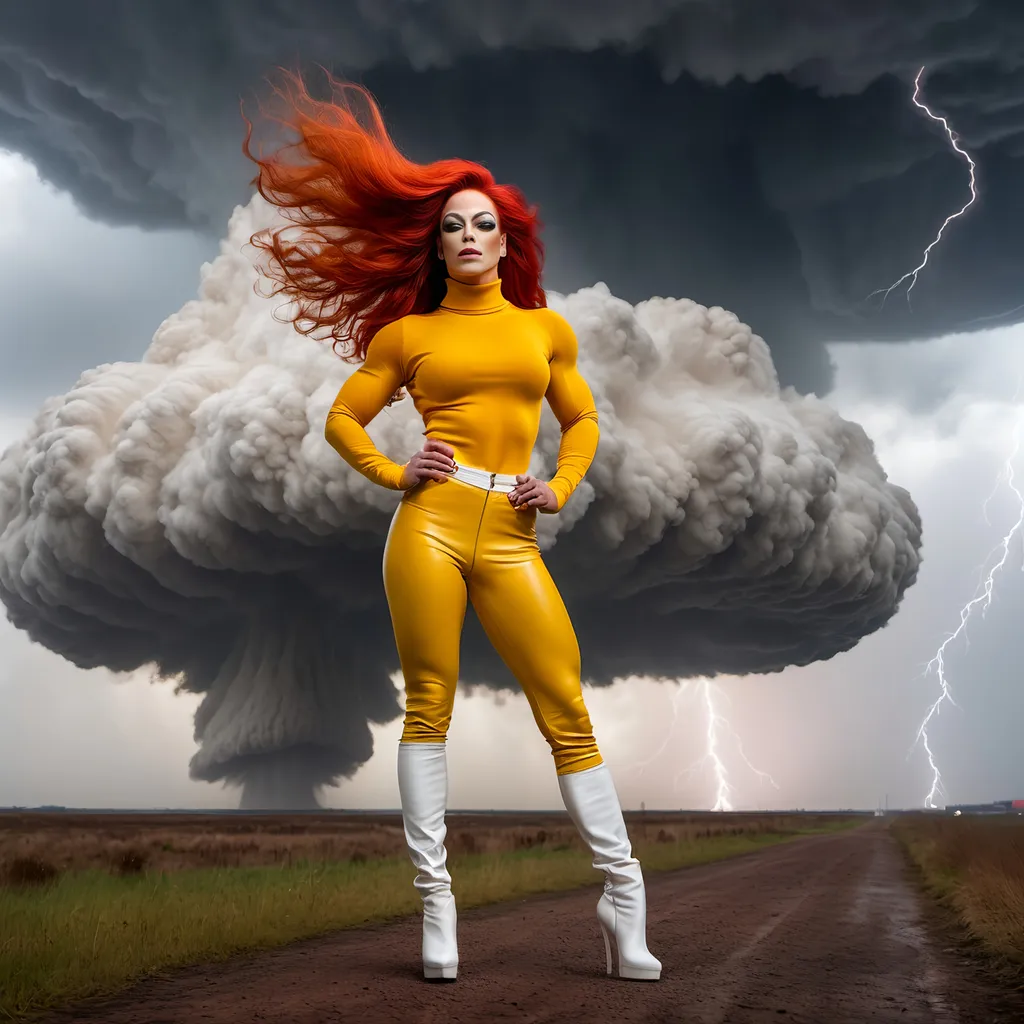 Prompt: Gorgeous ultra-muscular 25-year-old French drag queen bodybuilder with very long wavy bright red hair (((blowing in the wind))) wearing yellow turtleneck sweater and white leather pants, is standing on the edge of oblivion, a mushroom cloud in the distance. A stormy sky and lightning is overhead.