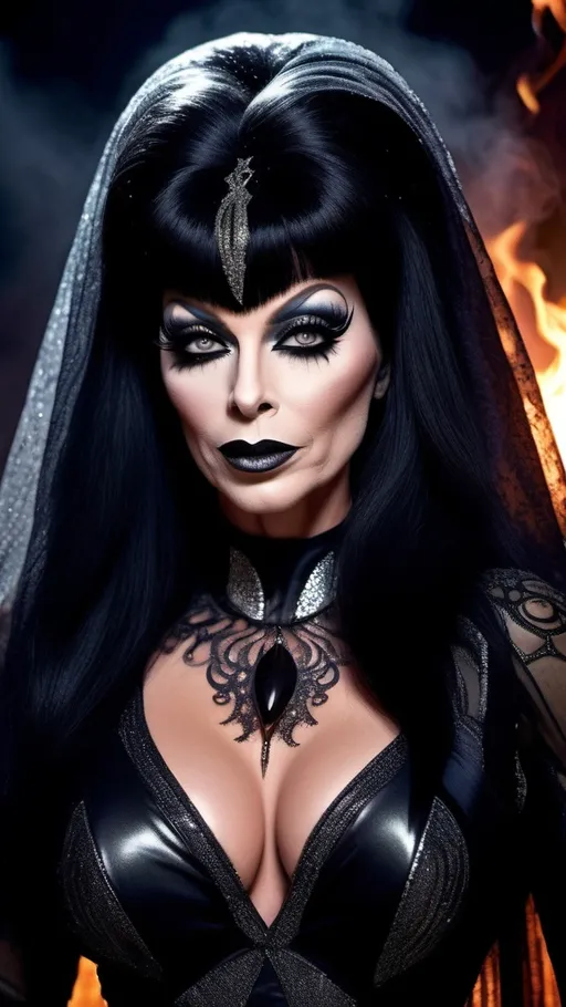 Prompt: (Drag queen bodybuilder) Elvira, enchanting transformation, black and silver Versacedesigner dress, dark glamorous colors, dark spooky ambiance, moonlit background, fire and dark magical elements, (dramatic) lighting, exquisitely detailed facial features, captivating expression, veil and tiara, HD, ultra-detailed, contemporary art style with a gothic twist.