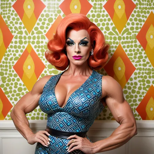 Prompt: A gorgeous muscular 35-year-old French drag queen bodybuilder with huge busom, elegantly transformed into a modern-day Stepford Wife with a twist of retro glamour. She stands poised in a vibrant, 1960s-inspired setting, with immaculate wallpaper in bold geometric patterns and furniture that whispers of mid-century charm. Her hair is styled in a bouffant masterpiece, a towering testament to the era's hairstyling prowess. The bouffant is voluminous and perfectly coiffed, with a sleek side part that frames her face, while the top layer is artfully teased and sprayed to maintain its gravity-defying form. Her makeup is flawless, with winged eyeliner that sharply contrasts her doe-like eyes and a shade of pink lipstick that complements her porcelain skin. She wears a fitted A-line dress in a vivid shade of cerulean blue, cinched at the waist with a thin black belt, showcasing the feminine silhouette popularized in the period. The dress is adorned with delicate white lace at the collar and cuffs, adding an element of innocence to her otherwise commanding presence. Her smile is enigmatic, hinting at the underlying strength and wit she is known for in her acting roles. In one hand, she holds a vintage rotary phone, the receiver tucked under her chin as if in the midst of a gossip-filled conversation with an unseen neighbor. In the other hand, she clutches a feather duster, a nod to the domestic duties typically associated with the Stepford Wives. However, her posture and the glint in her eye suggest a subversion of the role, as if she is in on the joke, a modern woman in a classic guise. The scene is bathed in a soft, warm light that casts playful shadows across the room, creating an atmosphere that is both inviting and slightly unsettling. The vivid colors and sharp focus on her impeccable appearance draw the viewer in, while the subtle nods to the original Stepford Wives storyline add an intriguing layer of depth to the photograph.