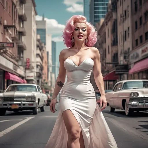 Prompt: Hyper-realistic fantasy image of a gorgeous ultra-muscular 25-year-old Macedonian drag queen bodybuilder (masculine jawline and brow facial features) with huge busom and ridiculously long flowing pink hair,  8 inch stiletto high heel shoes, walking in a white dress, Marilyn Monroe pause style, retro city setting, fine details, fictive, smiling, walking over an air vent, 8k, best quality, hyper-realistic, fantasy, retro, white dress, city setting, fine details, smiling, Marilyn Monroe style, air vent, walking