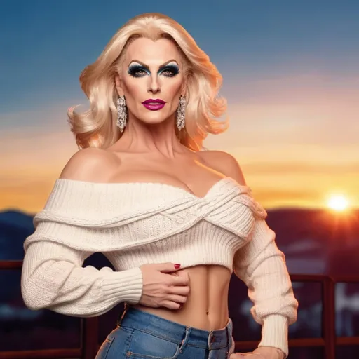 Prompt: Fantastic, flamboyant, very muscular, 35-year-old caucasian drag queen with large busom dressed in jeans and off the shoulder sweater. Hyper-realistic quality. Sunset background. 