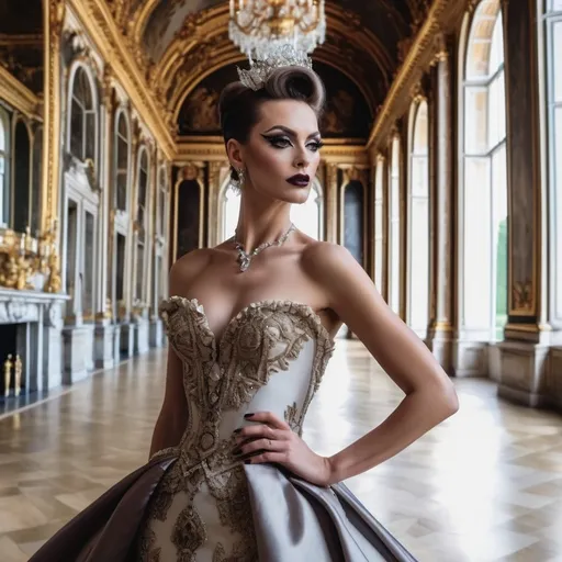 Prompt: Design a modern glamorous wedding dress worn by a real life gorgeous German drag queen ((strong masculine jawline and brow features)) model dress to be daring and glamorous and elegant, dark eye makeup, dark lipstick.  Posing in the Palace of Versailles.