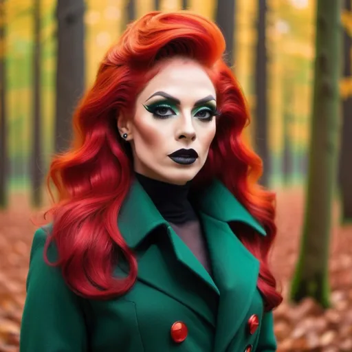 Prompt: Beautiful drag queen, bright red hair, in autumn forest in green long fashion coat, dark eyeshadow and dark lipstick,  very strong masculine jawline and brow,.