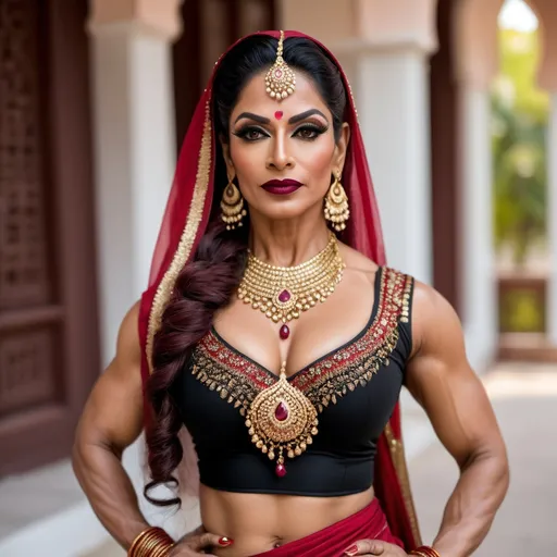 Prompt: A gorgeous muscular 45-year-old Pakistani drag queen bodybuilder, Dark heavy mascara and dark red lipstick. 
Apparel: (In traditional bharatanatyam costume and jewelry, deep neck, short bodice, low waist:1.3)
Hair: (2-yard long hair, braided with gold-ribbons:1.3). 
A dappled shaft of warm sunlight focusses light on her perfect midriff.
Nature worship. Boho aesthetic.
(Full body shot, full view of her whole form:2.0)