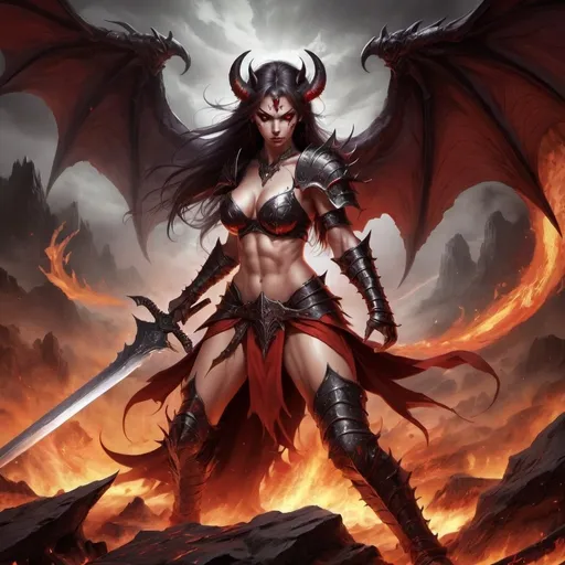 Prompt: Gorgeous demon warrior fighting her way throw hell with only a large sword.