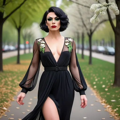 Prompt: Gorgeous muscular 25-year-old Czechian drag queen with short black bob hair wearing all black long sleeve v neck long chiffon dress. sleeves are see through, net. button cuffs. small tiny white and red flowers with green leaves on chest and waist. elegant.  goddess style dress. Walking through the park. full picture.