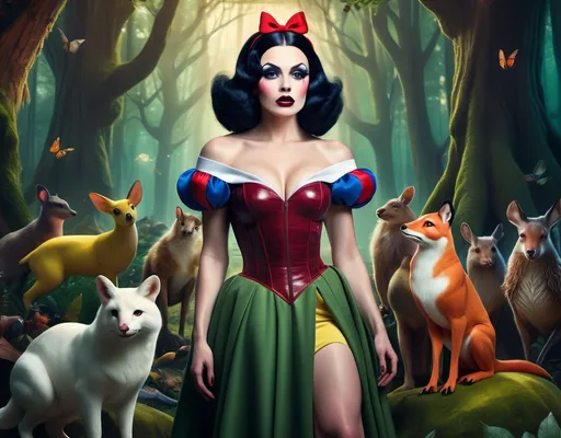 Prompt: If Snow White was a gorgeous hyper-muscular 25-year-old drag queen bodybuilder with Dark eye makeup and dark lipstick. Wearing 8 inch stiletto high heel shoes. Walking through the forest with animals of the forest.