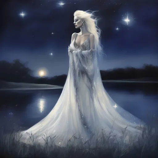 Prompt: (beautiful white Swedish drag queen) walking gracefully under a starlit sky, (melancholic mood), deep indigo and shimmering silver tones, soft ethereal glow, a delicate veil of night softly surrounding her, gentle whispers of a cool breeze, capturing a moment of quiet elegance, (highly detailed), enchanting landscape in the background, timeless and romantic atmosphere.