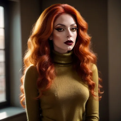 Prompt: (French drag queen with long curly red hair), wearing an olive long knitted yellow turtleneck shirt and skinny jeans, dark ete makeup, dark lipstick,  masculine jawline and brow, (close up,low angle shot ), inside a softly lit room, (white curtains gently swaying),  captured in an extremely detailed (oil painting style), (photorealistic), sunlight streaming through the woman  , she is looking out the window and  holding the curtains with her hands ,(artistic modeling pose) ,high resolution , detailed , bright colors