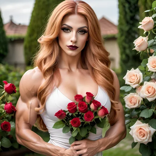 Prompt: Create a portrait of a gorgeous muscular 25-year-old Italian crossdresser bodybuilder with long, flowing strawberry-blonde hair, dark eyeshadow,  and dark red lipstick, wearing a white dress and holding a bouquet of roses. The background should be a beautiful garden scene with lush greenery and vibrant flowers.