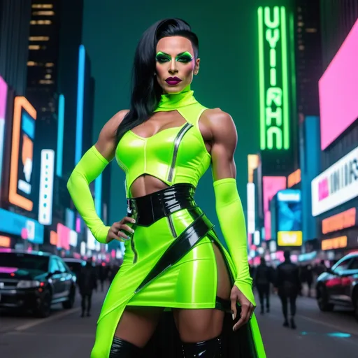 Prompt: Gorgeous muscular 35-year-old French drag queen (strong masculine jawline and brow features) with black hair wuth neon green highlights asymmetrical skirt that is mid calf in black with electric green trim in a cyberpunk style standing in cyberpunk city with neon lights city on Mars in future, neon billboards, skyscrapers