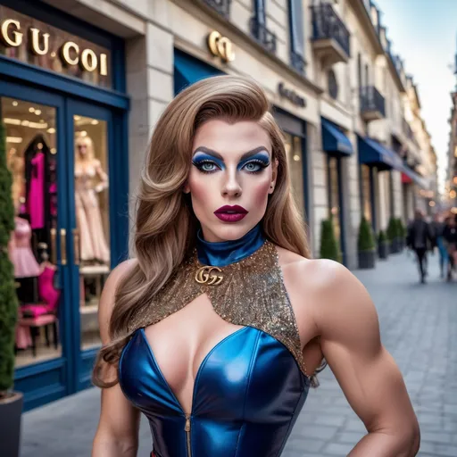 Prompt: A gorgeous muscular 25-year-old French drag queen Instagram influencer with medium busom, dark blonde hair, darkeyeshadow,  heavy mascara, and dark lipstick, blue eyes, photoshoot. in a outdoor fancy area. background Gucci store. 

photorealistic, (realistic skin texture)
high dynamic range.