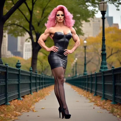 Prompt: A full-body ultra-realistic digital photograph of a 30-year-old ultra-muscular Serbian drag queen bodybuilder with a square face and olive complexion, with large perky busom. She has waist-length pink wavy hair (((blowing in the wind))). She has long muscular legs. She has on a yellow Bardot top. She has on a red pleated leather skirt. She has on black knee-high stockings. She's wearing black 8 inch stiletto high heel shoes. The background is Central Park in NYC. The style of the image should be that of a realistic photography, with saturated tones to convey a light and airy atmosphere. 8k hi-res digital photography, character, full body, composition focus on long muscular legs, 8 inch stiletto high heel shoes, and muscle definition. Focus on clothing details.