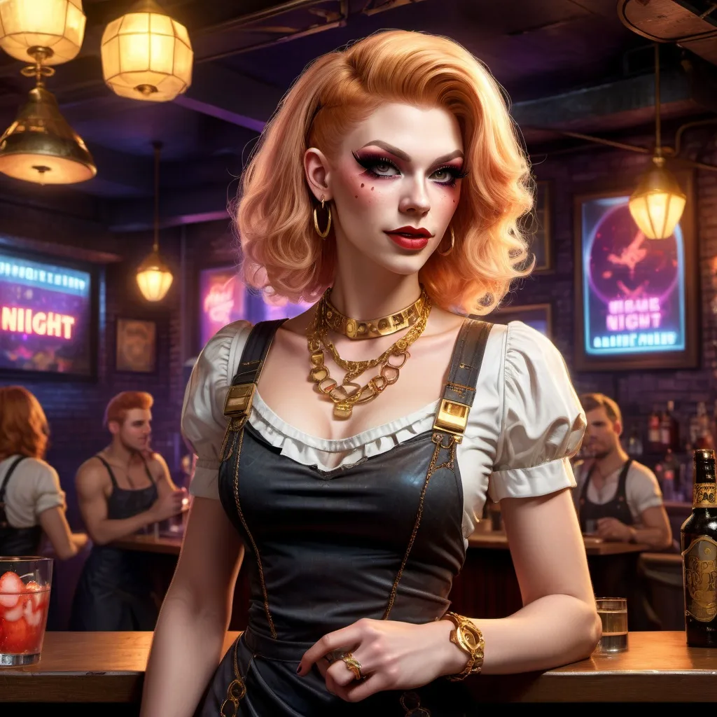 Prompt: A late night music venue. Muscular early 20s attractive strawberry-blonde bartender drag queen in a short dress,  pinafore square neckline, gold necklace, late night nightclub, game-rpg fantasy style, detailed character design, atmospheric lighting, urban fantasy, late-night setting, highres, detailed, fantasy, RPG, cluttered background, striking appearance, intense and dramatic lighting