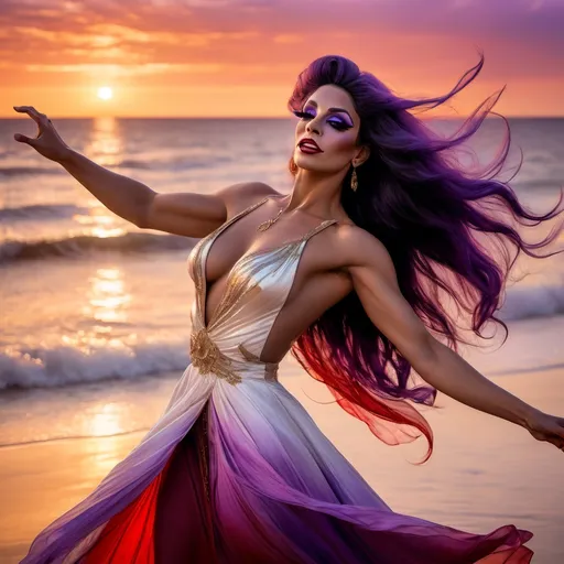 Prompt: (Gorgeous muscular 25-year-old French drag queen dancing), beach at sunset, (dramatic scene), warm golden hues reflecting on the water, soft waves gently lapping at the shore, flowing white dress, black hair blowing in the wind, vibrant sky painted with shades of red and purple, ethereal atmosphere, (highly detailed), capturing the essence of freedom and joy, (4K resolution), serene and blissful ambiance.