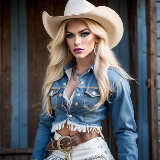 Prompt: Gorgeous muscular 21-year-old rodeo drag queen with long blonde hair, vibrant blue eyes, (strong masculine jawline and brow), wearing a (blue denim jacket with white fringe detail), (chambray shirt), (brown suede fringed skirt), (white cowboy boots), (cowboy hat), holding a lasso, warm light, photorealistic, professional photo, high-res, curvy physique, detailed textures, crisp focus, warm and inviting atmosphere, golden hour lighting, ranch background with fencing and open fields, vibrant colors, 4K, ultra-detailed.