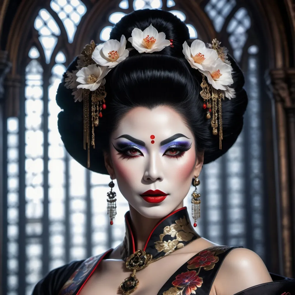 Prompt:  a close up portrait of a gorgeous muscular evil drag queen geisha (with strong masculine facial features) in a dark gothic cathedral, large busom, Rococo, Hyperdetailed, Delicate; Royo, Bagshaw, Chevrier, Lou Xaz, Ferri, Kaluta, Minguez, Mucha, Simon Dewey, WLOP, Greg Olsen, Artgerm. Cinematic, 8K, Detailed cityscape in steampunk style on the background :: hyperdetailed, maximalist intricately detailed, 8k resolution concept art, detailed matte painting, hyperdetailed, Splash art, trending on Artstation, Unreal Engine, Octane Render