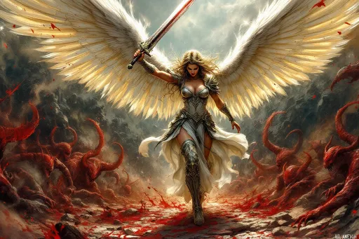 Prompt: Gorgeous angel warrior fighting her way through hell with only a large sword. Bloody demon hoard in background. 