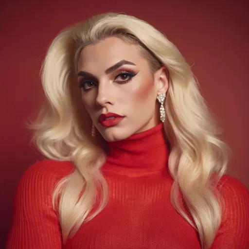 Prompt: Glamour photography of a Gorgeous muscular 25-year-old blonde Dutch drag queen Athlete (very strong masculine jawline and brow features), with large busom, glamoyr makeup, in Amsterdam in the style of Guy Aroch, Red transparent  sweater, skirt, exaggrate long earrings