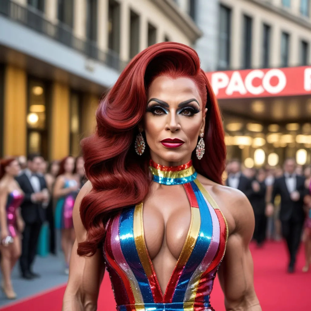 Prompt: Very detailed and hyper realistic full-length photo of a gorgeous muscular 35-year-old Armenian drag queen bodybuilder with 1950s styled Dark red hair wearing a hyper realistic and very detailed multicolored Paco Rabanne dress 64k, ultra hd, 3d quality  500mpx reflex red carpet starirway awards 