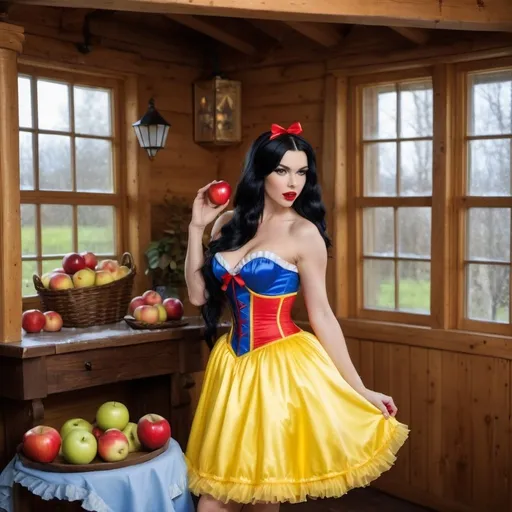 Prompt: Gorgeous ultra-muscular 25-year-old Finnish goddess with huge busom and ridiculously long straight shiny black hair dressed as Snow White with a yellow frilly dress, a blue & red corset, a red ribbon in her hair, and 8 inch stiletto high heel shoes.  Holding an apple in a quaint cottage.