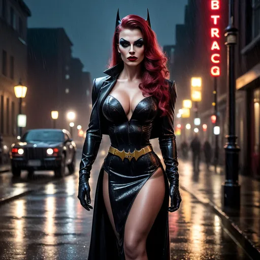 Prompt: Batman dressed as A hyper realistic flawless 25-year-old gorgeous Northern European drag queen bodybuilder with black hair walking the streets as a classy debutante on a dark and rainy night. Heavy eye makeup. Dark red lipstick.