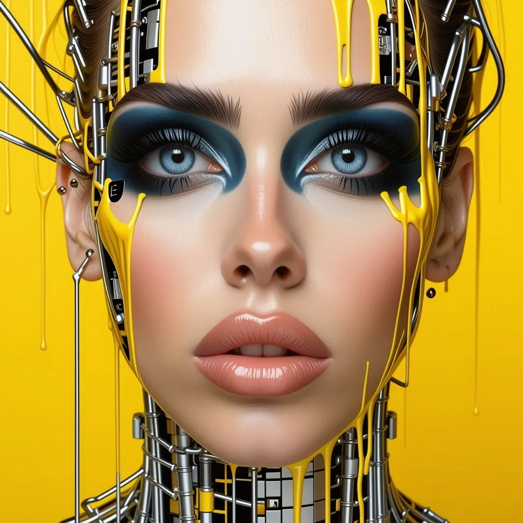 Prompt: a gorgeous masculine 25-year-old drag queen's face is futuristically transformed into a chrome-plated structure covered in wires. The left blue eye is shown in photo-realistic detail. the right eye futuristic. It is surrounded by silver and gold detailed small shapes against an abstract background that depicts dark yellow tones as dripping paint 