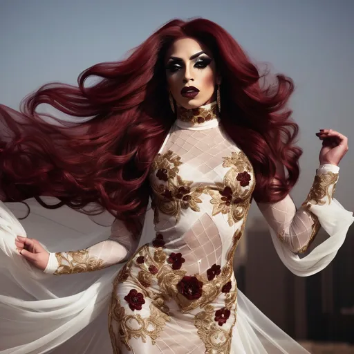 Prompt: Gorgeous ultra-muscular 25-year-old Saudi Arabian drag queen bodybuilder with ridiculously long wavy dark red hair (((blowing in the wind))). Dark smoky eyeshadow and dark red lipstick. Covered turtle neck, Intricate floral gold embroidery, lace see through mesh chiffon fabric, very flowy, Full length image, bronze white embroidery dress ,posing,captured with soft focus and muted colors typical of early film photography, caftan Moroccan dress, tight fitted mermaid, ruffles