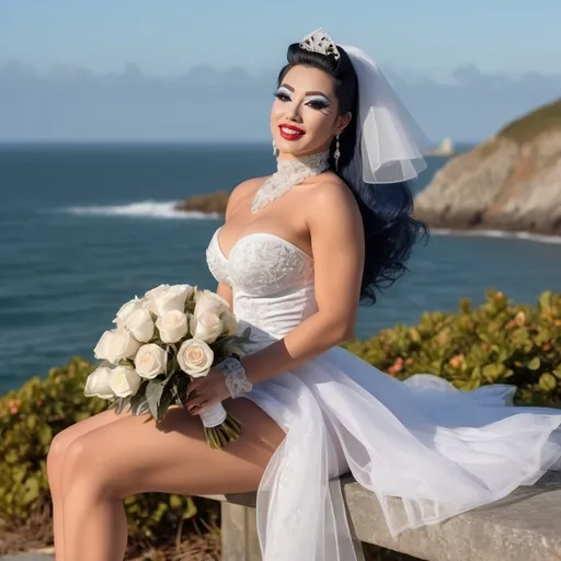 Prompt: Cute and glamorous 25-year-old Portuguese drag queen bodybuilder, very beautiful,
Photoshoot wearing mini wedding dress, garter belt, and stiletto high heels
Smiling expression
Outfit that emphasizes glamorous body
Big busom
Holding a small bouquet in one hand.
Photoshoot on a windy seaside hill.
Skirt and veil blowing in the wind
Sitting on a bench
Thighs visible
Wearing a garter belt
splash art, hyper detailed, ultra realistic, highly detailed, surreal heavy mist, AI defined exquisitely beautiful, totally ultra realistic young adult Korean, gorgeously detailed facial features, sumptuous cleavage, perfect body proportions, ultra pale, ultra glamorous, perfect shading, impeccable contrast, HDR, UHD, high res, 64k