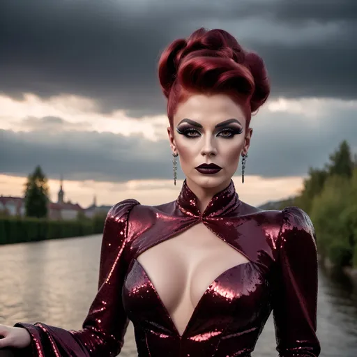 Prompt: Gorgeous muscular 25-year-old Czechian drag queen with long dark red flowing updo hair, dark eyeshadow and dark lipstick, long flowing sequined gown, romantic outdoor setting, dramatic sky, An ultra-realistic photograph captured with a Sony α7 III camera, equipped with an 85mm lens at F 1.2 aperture setting,  The image, shot in high resolution and a 16:9 aspect ratio, captures the subject’s natural beauty and personality with stunning realism –ar 16:9 –v 5.2 –style raw