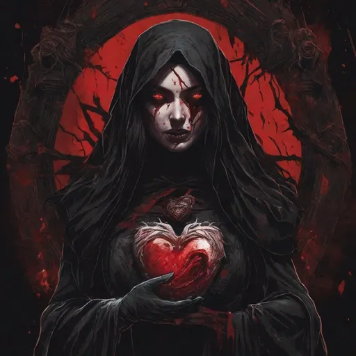 Prompt: From the depths of hell rises a female figure in black with a bloody human heart in her hand. 