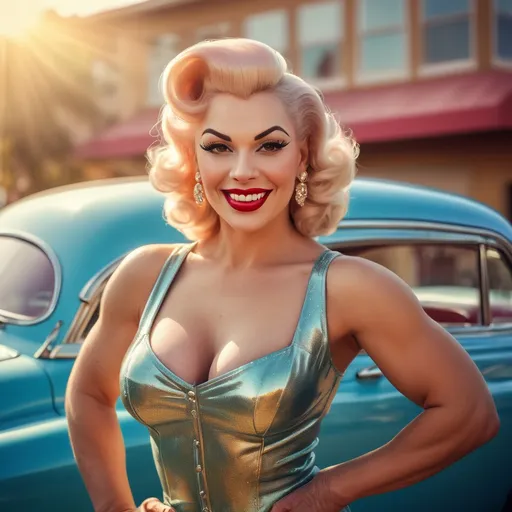 Prompt: photorealistic, (hyperrealistic) portrait of a 50s pinup drag queen bodybuilder model, posing alluringly by a classic vintage 50s car, vibrant colors, warm sunlight illuminating her radiant skin, nostalgic ambiance, vintage pin-up poster style, high-quality, detailed textures, retro fashion style, captivating smile, glossy finish, soft focus on the background to highlight the model and car, creating a timeless nostalgic feel.