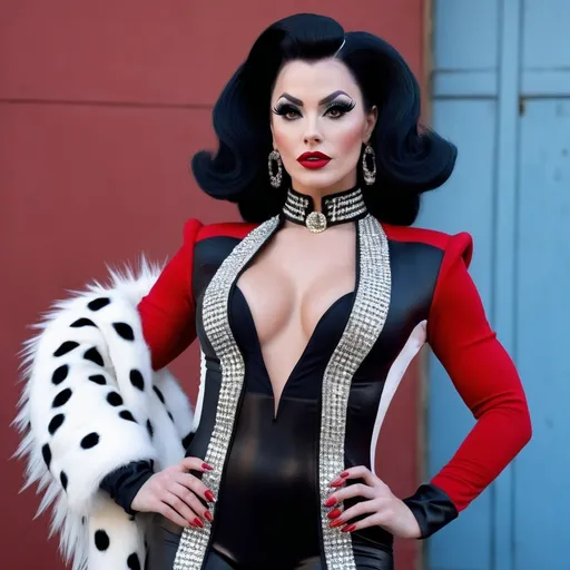 Prompt: A hyper realistic, gorgeous, ultra-muscular 25-year-old Czechian drag queen bodybuilder dressed as Cruella in Gucci very detailed and accurated 64k quality HD 3D outfit