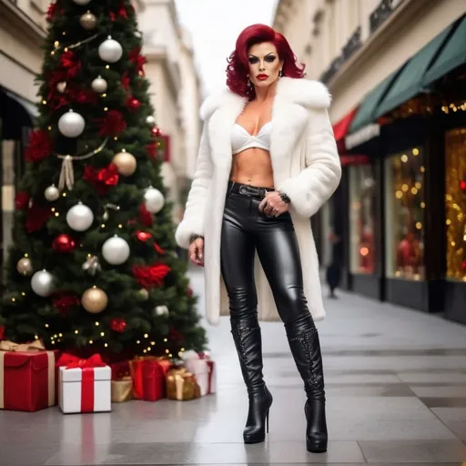 Prompt: Create a photo of a gorgeous muscular 28-year-old Serbian drag queen bodybuilder with short, sassy dark red hair, black leather jeans and white 8 inch stiletto knee-high boots, mink fur jacket, white blouse, Champs Elysées decor with Christmas decoration