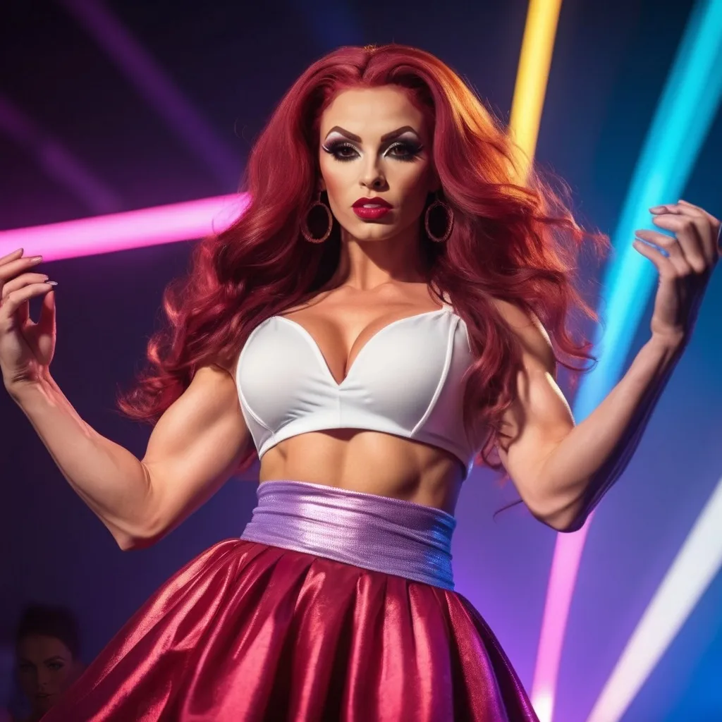 Prompt: CGI, masterpiece, gorgeous ultra-muscular 25-year-old Polish drag queen bodybuilder preforming on stage as a pop star, long dark red wavy hair, cleavage, cute colorful pleated skirt and adorable innocent white camisole top, vivid and colorful, glowing lights and decoration, intense and dramatic lighting, ultra-detailed, futuristic, pop star stage, flirty gaze, vivid colors,  bubblegum pop, atmospheric lighting.